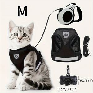 TEMU 4개 세트 봄/여름 조절 가능한 통기성 강아지와 고양이 하네스 - 자동 리트랙터블 리쉬 5m, 똥봉 분배기 포함, 탈출 방지 애완동물 의류, 새끼고양이 및 강아지용 조절 가능 반사 고양이 백 스트랩, 필수 펫 키트|강아지옷