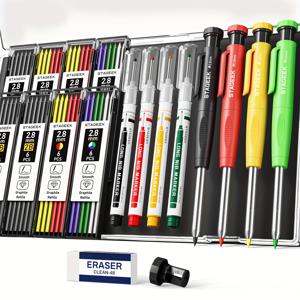 TEMU 스테이지크 4개 세트의 세련된 필기 도구, 칼집이 있는 목공 연필, 강력한 목공 연필, 52개 연필을 사용할 수 있는 기계식 목공 연필, 건축 공사용 깊은 구멍과 긴 잉크 마커 펜, 케이스가 포함되어 있습니다.|필통