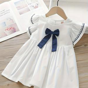 TEMU 여아용 캐주얼 드레스, 보우 장식, 흰색 라운드 넥 폴리에스터 휴일 외출, 패션 청소년 드레스