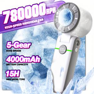 TEMU HIPAPPY 4000mAh 휴대용 핸드헬드 팬 - 15시간 작동 시간, 5단계 초고속 냉각, 컴팩트 터빈 디자인, USB 충전식 여행/캠핑/침실/야외 활동용, 휴대용 선풍기, 내구성 있는 구조|휴대용에어컨|캠핑선풍기|에어컨선풍기
