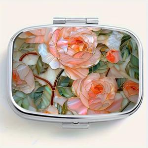 TEMU 핑크 로즈 더블 컴파트먼트 필 오더가이저 - 여행에 적합한 비타민 및 보충제 케이스, 식품 안전한 플라스틱/금속, 핑크 로즈와 초록 잎이 있는 꽃 디자인, 데이, 어머니의 날, 일상적인 약물 보관, 필 박스, 일상적인 약물 홀더, 장식용 필 케이스, 안전한 지퍼 클로저