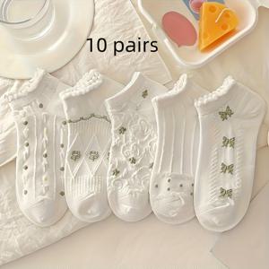 TEMU 10 쌍 여성 발목 양말 - 부드럽고 통기성이 좋으며 레이스 트림, 꽃무늬, 하얀 액센트가 있는 밝은 베이지색, 편안한 봄/여름 신발, 여성용 양말