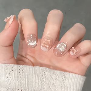 TEMU K'APEINE SZY321 프렌치 레이스 리본 프레스온 네일 - 핸드메이드 탈부착 가능한 짧은 스퀘어 손톱, 진주광택 & 고급스러운 효과, 누드 & 골든 글로시 디자인, 캐주얼 룩을 위한 일본식 한국 스타일 네일 아트