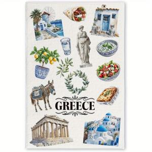 TEMU 1pc 18×26 인치 그리스 주방 수건 - 화려한 폴리에스터 식기 수건, 그리스 건축물 및 음식 삽화, 기계 세탁 가능, 여행 애호가를 위한 완벽한 선물, 생일, 집 따뜻함 및 휴일, 주방 수건,