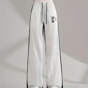 TEMU 왕딩동 여름 캐주얼 하이웨이스트 와이드 레그 팬츠 - 대비 컬러 블록 디자인, 레터 프린트, 가벼운 아이스 실크 원단, 사계절 착용 가능한 레귤러 핏