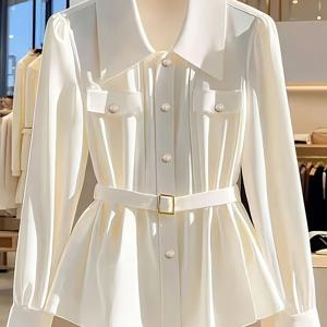 TEMU 여성용 우아한 긴팔 버튼업 셔츠 - 시크한 사무실 및 캐주얼 블라우스 벨트 허리, 단색, 사계절 다용도 탑, 직장이나 캐주얼 의상에 적합, 다용도 패션 | 벨트 허리 셔츠 | 매끄러운 질감 원단, 여성용 우아한 블라우스, 아름다운 여성용 블라우스, 여성용 셔츠, 스타일리시한 여성용 탑