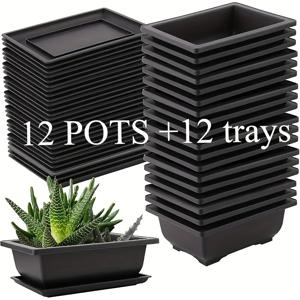 TEMU 12개의 화분 식물 + 12개의 트레이 포함된 24개의 플라스틱 분재 재배 화분 세트, 두꺼운 직사각형 플라스틱 화분, 집, 사무실, 발코니 및 정원용 다육식물 꽃 화분 트레이 포함