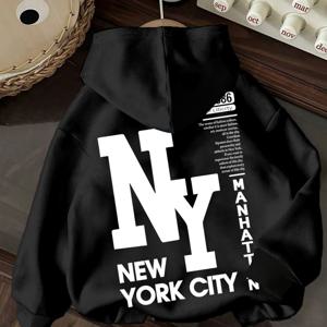 TEMU 여성용 시티 & 맨해튼 프린트 후드 스웨트셔츠 - 레드/블랙 오버사이즈 후디, 아이코닉 NYC 레터링, 세탁 가능한 겨울 스웨터, 캐주얼 웨어, 여행 기념품 또는 일상 아웃핏용