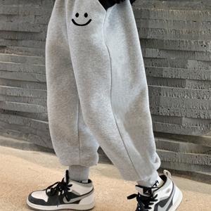 TEMU 2025 신상 남아 캐주얼 조거 팬츠 - 루즈핏 기하학 패턴 탄력성 허리밴드, 봄/가을용 중간 스트레치 원단, 블랙 & 화이트 대비 디자인, 활동적 플레이 및 캐주얼 착용, 편안한 아동복, 야외 활동용