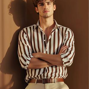 TEMU 남성용 슬림핏 드레스 셔츠 - 베이지/브라운/화이트/수직 , 포인티드 칼라, 반팔 버튼업 블라우스, 기계 세탁 가능 & 주름 방지, 비즈니스 캐주얼, 웨딩, 오피스용 - 사계절 맞춤 핏|반팔블라우스