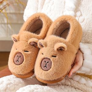 TEMU 1쌍 플러시 베어 슬리퍼 - 귀여운 카피바라/베어 얼굴 겨울 부티, 플러시 같은 소재, 부드럽고 따뜻한 미끄럼 방지 PVC 밑창 - 아늑한 실내/야외용 (브라운)