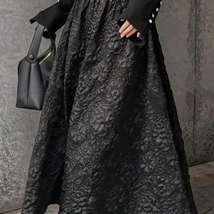 TEMU 여성용 우아한 블랙 플로랄 프린트 미디 스커트 - 하이웨이스트, 흐르는 A라인 실루엣, 캐주얼 또는 정장 행사에 완벽, 사계절 다용도 패션, 캐주얼 의상 | 플로랄 프린트 스커트 | 원단, 여성용 롱 스커트, 맥시 스커트, 겨울 스커트, 여성/여성 스커트, 여름 스커트, 여성 롱 스커트