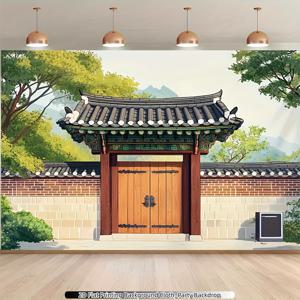 TEMU 2D 플랫, 1개 전통 한국 스타일 파티 배너 & 사진 배경 - 생생한 정원 장면, 랜턴, 나무 문 & 타일 지붕 디자인의 2D 플랫 폴리에스터 원단, 생일 장식 & 사진 촬영에 이상적, 생일 파티 장식 | Traditi