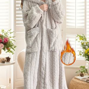 TEMU 여성용 플러시 코랄 후드 가운 - 겨울용 따뜻한 긴 기모노 잠옷, 파자마 포켓, 세탁기 사용 가능한 편안한 라운지 드레스, 부드러운 후드 재킷 스타일 아우터웨어 (속옷/양말 미포함)