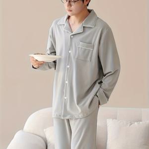 TEMU 남성용 포근한 플리스 안감 파자마 세트 - 긴 소매, 단추, 루즈핏 포켓, 단색, 가을/겨울에 완벽, 캐주얼 홈웨어, 편안한 잠옷|캐주얼 스타일|플리스 안감 파자마, 남성용 파자마, 두꺼운, 남성용 파자마, 남성용 파자마 세트