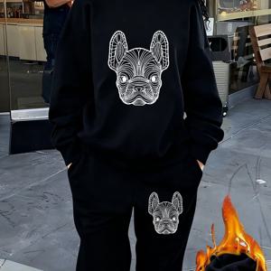 TEMU 2pcs 여성 프렌치 불독 프린트 스웨트셔츠 & 조거 세트 - 