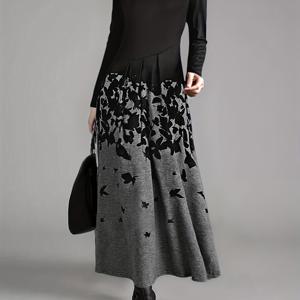 TEMU 여성용 우아한 나비 프린트 A라인 드레스 - 짧은 재킷 스타일 소매 디테일, 다크 그레이/블랙/차콜 숏, 라운드넥 겨울 드레스 - 직장, 파티, 오피스용 - 세탁기 사용 가능한 가을 겨울 아웃핏