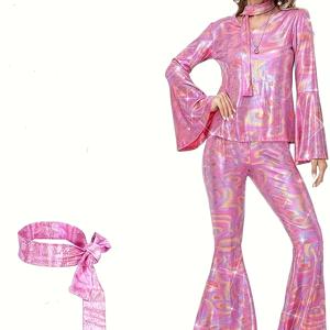 TEMU 70년대 80년대 레트로 디스코 코스튬 세트 - V넥 긴소매 점프수트, 스팽글 벨 슬리브 & 헤어밴드, 할로윈용 글리터 파티 의상, 테마 이벤트, 할로윈 코스튬, 디스코 파티 복장, 레트로 패션, 스팽글 장식, 테마 이벤트 복장|머리띠