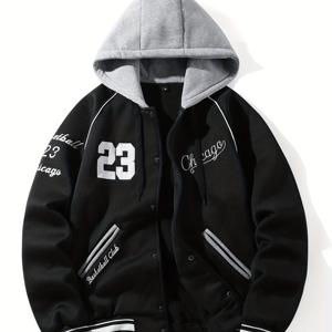 TEMU 남성 스트리트웨어 후드 야구 재킷 - 파이핑, 스냅 클로저, 긴소매, 레귤러 핏, 가을/겨울 캐주얼 아우터, 데일리 스트리트웨어