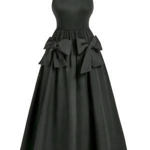 TEMU 플러스 사이즈 - 플러스 사이즈 - 플러스 사이즈 - 플러스 사이즈 - 플러스 사이즈, 여성용 우아한 민소매 A라인 미디 드레스, 리본 디테일 - 단색, 플레어 밑단, 라운드넥, 신축성 있는 원단, 캐주얼 복장|우아한 민소매 드레스, 봄/여름/가을에 적합