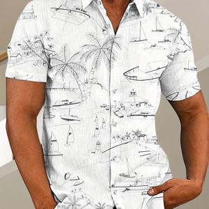 TEMU 세련된 디자인 남성 스케치 스타일 코코넛 나무와 범선 패턴 반소매 단추 업 옷깃 셔츠, 여름 해변 레저웨어를 위한 트렌디하고 캐주얼 탑