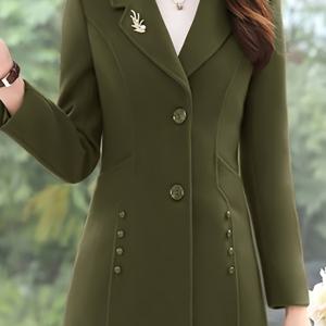 TEMU 여성용 우아한 폴리에스터 트렌치 코트, 단색, 긴 소매, 정상 길이, 스커트 핏, X-컨투어, 버튼 디테일, 스트레치되지 않는 소재, 직조, 봄/가을 외투