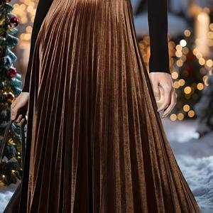 TEMU 우아한 갈색 벨벳 주름 마이 스커트와 신축성 허리밴드 - 하이라이스, 여성용 플로위 디자인, 가을/겨울 휴가 스타일에 완벽