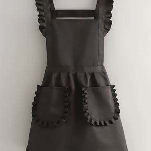 TEMU 여성용 레트로 슬리브 앞치마 - 조절 가능한 허리 스트랩, 러플 밑단 & 포켓, 통기성 폴리에스터 주방 앞치마 (요리, 베이킹, 네일아트용) - 세탁 가능, 솔리드 컬러, H-실루엣, 내구성 있는 주방복