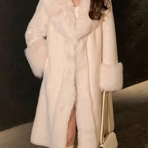 TEMU 여성용 우아한 화이트 플러시 인조 모피 자켓 - 긴 소매, 퍼진 밑단, 싱글 브레스트 루즈핏 코트, 가을/겨울용, 따뜻하고 세련된 캐주얼 또는 정장 행사용, 겨울 패션, 세련된 스타일, 고품질 소재