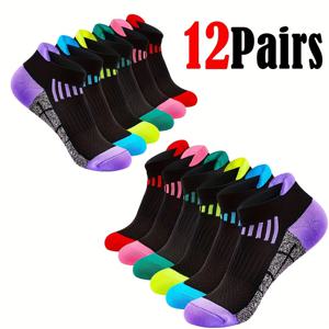 TEMU 여성 스포츠 양말 12켤레 - 통기성, 수분 흡수, 아치 및 힐 서포트, 컬러풀 디자인, 손세탁 가능, 땀 흡수 패브릭, 운동 및 캐주얼 착용을 위한 아웃도어 러닝 양말