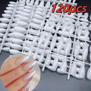 TEMU 120개 진주빛 화이트 미디엄 길이 아몬드 프레스온 네일 + 젤리 글루 & 네일 파일, 오로라 화이트 & 문라이트 스타일, 여성 데일리 웨어에 완벽한 매니큐어