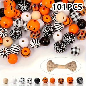 TEMU 101개 할로윈 나무 비즈 농가 농가 원형 나무 스페이서 자연 단단한 버팔로 체크 비즈 공예 다듬은 색다른 나무 비즈 할로윈 장식 DIY 홈 장식 비즈 (10가지 스타일)