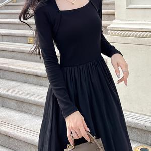 TEMU 여성 슬림핏 스퀘어 넥 긴팔 드레스 - 스트레치 블랙 A라인 맥시 드레스, 포켓, 캐주얼 또는 사무실 착용용으로 다양한 봄/가을 패션, 긴팔 드레스