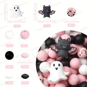 TEMU 35pcs 3D 할로윈 테마 실리콘 비즈 세트 15mm 유령 박수 핑크 색 포컬 비즈 키체인 보석 만들기 크래프트 DIY 펜 비즈 액세서리 비즈 및 비즈 정렬