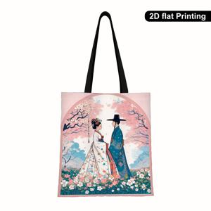 TEMU 여성용 한국 한복 토트백 - 벚꽃 장식 숄더백, 가벼운 폴리에스터 일상/여행/파티용, 비즈/레드/화이트/블랙 오픈탑 디자인, 한국 문화 팬을 위한 완벽한 선물, 내구성 있는 손잡이, 2D 플랫