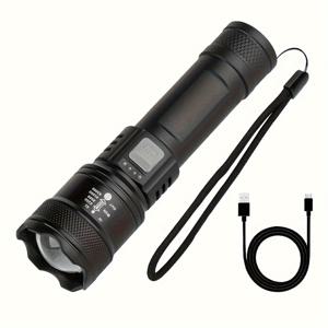 TEMU 1개 마크로코스 줌 가능 LED 손전등, USB 충전식 파워 디스플레이, 3가지 모드(밝음/땀림/스트로브), 장시간 사용 가능한 리튬 배터리, 캠핑, 비상, 가정, 여행용 컴팩트 & 휴대용 토치 - 충전 케이블 포함, 야외, 실내 및 전력 차단에 이상적, 비상 조명, 세련된 디자인, 내구성 있는 구조, 멀티모드 라이트, 가정 사용자