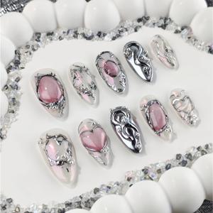 TEMU 텐피스 핑크 캣아이 핸드메이드 네일 세트, 럭셔리 빈티지 미디엄 아몬드 프레스온 인조 네일, 여성용 재사용 가능한 인조 팁, 파티 & 데일리 웨어|네일팁