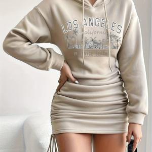 TEMU 여성용 블랙 후드 바디콘 드레스 - 로스 앤젤레스 91 캘리포니아 프린트, 가을용 긴 소매 미니 드레스, 캐주얼 웨어 드레스 | 알파벳 패턴 드레스 | 폴리에스터 소재