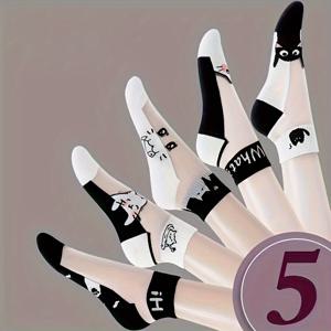 TEMU 귀여운 고양이 대비 메쉬 양말 5켤레 세트, 통기성 좋은 편안한 여성용 발목 양말