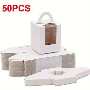 TEMU 50개 흰색 싱글 컵케이크 상자 투명 창과 손잡이 포함 - 작은 케이크, 머핀용 종이 페이스트리 용기 - 크리스마스, 추수감사절, 데이, 어머니의 날, 졸업식에 완벽 - 식품 접촉 안전한 포장
