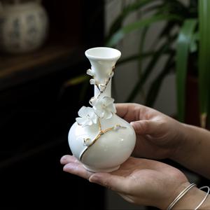 TEMU 수제 화이트 중국 도자기 매화 화병 - 골든 플로럴 패턴 & 블랙 인테리어 - 라운드 전통/모던 장식용 꽃병, 제단, 테이블 센터피스 - 수집용 수공예 도자기 (호환 가능)