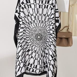 TEMU 플러스 사이즈 오프숄더 기하학 프린트 경량 셔츠 - 여성용 루즈핏 민소매 탑, 봄 여름 가을 캐주얼 & 비치웨어, 중동 영감 디자인, 귀여운 여름 상의, 실크 같은 질감, 부드러운 원단, 편안한 착용감, 스타일리시 블라우스, 패션 애호가를 위한