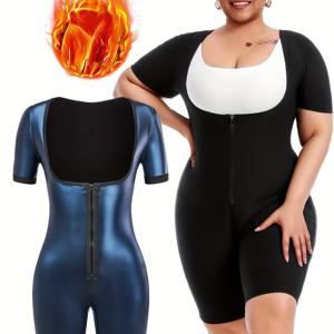 TEMU 여성용 플러스 사이즈 지퍼 반팔 스웨트 점프수트 러닝 스웨트 피트니스 요가 바디 셰이퍼 튜닉 엉덩이 리프팅 스웨트수트