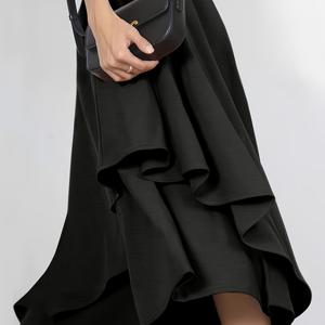 TEMU 여성용 블랙 아сим메트리 플리츠 컬로츠 - 세련된 가을/겨울 패션, 캐주얼 단색, 성인 크기, 캐주얼 의상|아сим메트리 디자인|세련된 룩, 플러스 사이즈 의류