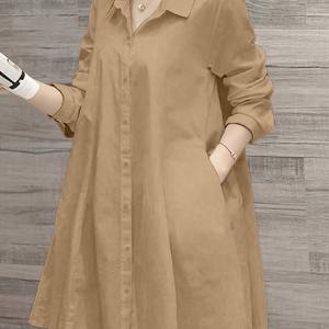 TEMU 플러스 사이즈 - 여성용 캐주얼 긴팔 버튼업 셔츠 - 단색, 칼라, 버튼업 프론트, 루즈핏, 가벼운 폴리에스터, 가을에 완벽, 캐주얼 의상|칼라 버튼업|폴리에스터 원단|블라우스|셔츠|여성블라우스