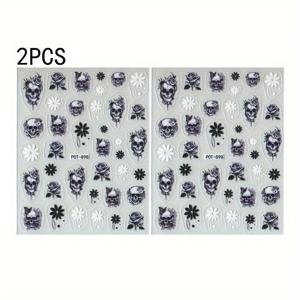 TEMU 빈티지 스컬 & 로즈 네일 아트 스티커 2팩, 회색 로즈 네일 스티커, 5D 얇고 튼튼한 새김뜨개 DIY 자차형 매니큐어 용품, 기하학적 패턴, 플라스틱 표면, 재사용 가능, 반짝이는 마무리, 할로윈 테마, 불규칙한 모양, 향료 무첨가