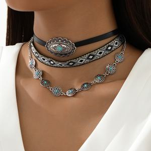 TEMU 여성을 위한 일상 장신구로 터쿼이즈 돌, 아연 합금 꽃 펜던트, PU 리본이 있는 빈티지 서부 스타일 목걸이 세트 3개