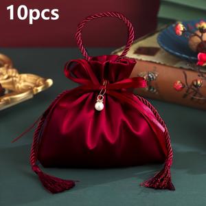 TEMU FLIXBLANY 10개입 고급 레드 웨딩 사탕 봉투, 골드 태슬 장식 - 럭셔리 파티 답례품 상자, 비투명 플라스틱, 결혼식, 생일, 크리스마스, 사탕 바 용품을 위한 휴대용 빈 선물 가방