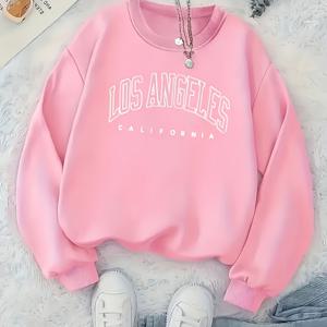 TEMU 여성용 로스앤젤레스 캘리포니아 그래픽 프린트 핑크 스웨셔츠 - 소프트 캐주얼 라운드넥 긴팔 풀오버, 세탁기 사용 가능 사계절 편안한 착용감, 일상복