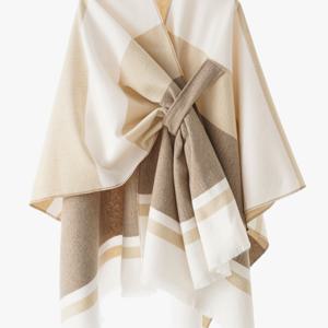 TEMU 여성용 세련된 기하학적 프린트 숄 - 베이지, 브라운, 화이트, 비대칭 V넥, 가을과 겨울에 따뜻하고 다용도로 사용할 수 있는 가을 겨울 액세서리|기하학적 패턴 숄|부드러운 텍스처의 면, 가을 겨울 패션